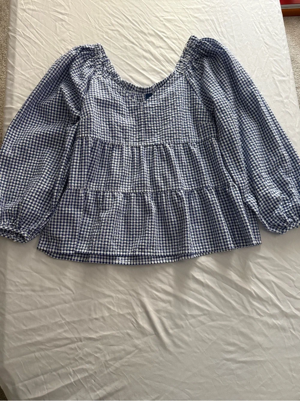 Old Navy Blue and White Gingham Puff-Sleeve Peasant Blouse